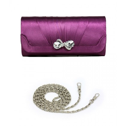 Evening Bag - 12 PCS - Pleated Satin w/ Rhinestones Accent Snap - Purple - BG-92406PU